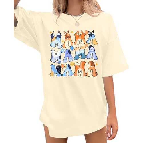 Oversized Mama Shirt Woman Mama Letter Print Tshirt Trendy Mama Shirts Mom Graphic Tees Loose Short Sleeve Tops