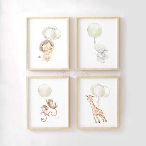 Set of four Watercolor Art "SAFARI ANIMALS with BALLOONS" Balloons Animals Prints, Balloon wall art, Nursery balloons art, Safari Animals