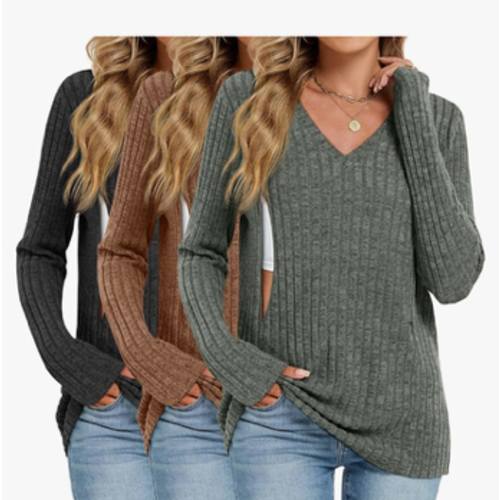 Oakgarden 3 Pack Women's Maternity Nursing Tops, V Neck Breastfeeding Sweaters Long Sleeve Hidden Zipper Shirts