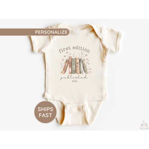 Personalized First Edition Baby Bodysuit, Custom Baby Announcement One Piece, Natural Baby Shirt, Librarian Mom Book Lover Baby Shower Gift