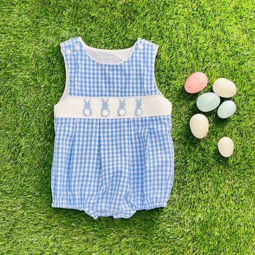 Bunny Smocked Boy's Bubble in Blue Gingham - Easter boy outfit, Spring, Baby Boy outfit 485 *F