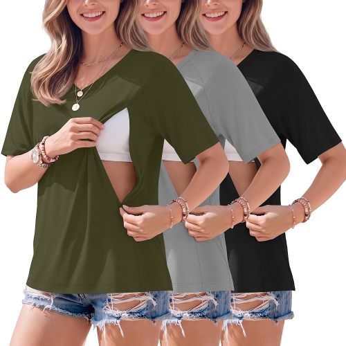 3 Pack Nursing Shirts Oversized Breastfeeding Tops for Women Hidden Zip Short Sleeve Loose Maternity Clothes