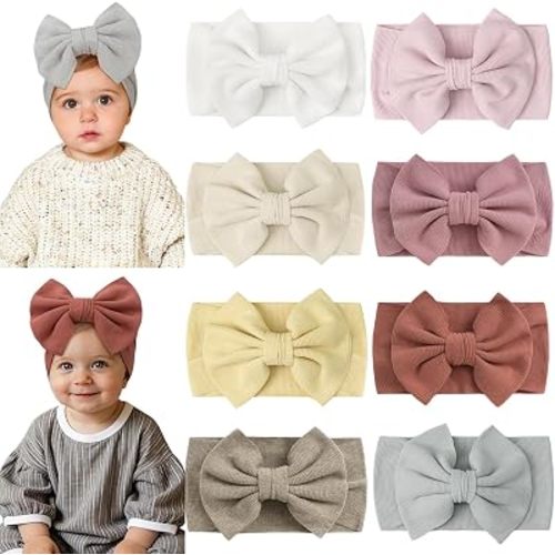 CÉLLOT 8 Colors Super Stretchy Soft Knot Bow Nylon Headbands for Baby Girls