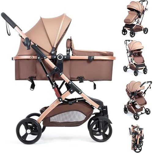 Reversible Baby Stroller for Newborn 2 in1 High Landscape Stroller, Foldable Pushchair Pram Stroller with Adjustable Backrest
