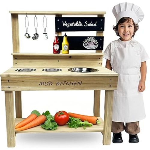 Beipoo Mud Kitchen, Wooden Toy Play Kitchen Set, Fir Wood Pretend Kitchen for Toddlers with Water Sink, Blackboard and Kitchen Accessories for Boys and Girls