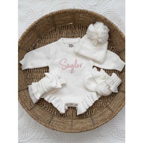 Ivory Long Sleeve Cotton Romper, Custom Embroidered Knit Romper, Personalized Sweater Romper, Newborn Baby Girl Gift