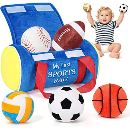 My First Sports Bag Plush, Baby Sports Toys Set with 5 Sensory Balls (Crinkle, Rattle, Squeaky Sounds), Soft Infant Toys 6-12 Months, 1st Birthday Gift for Boys Girls 1 Year Old