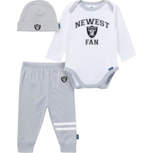 Gerber NFL Team Baby Boys' 3-Piece Onesie Bodysuit, Active Pant and Cap Set, Raiders, 3-6 Months