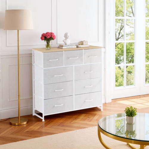 Bigleap 9 Drawers Dresser for Bedroom, Fabric Dresser with Sturdy Steel Frame, Wooden Top & Easy Pull Fabric Bins,Light Gray