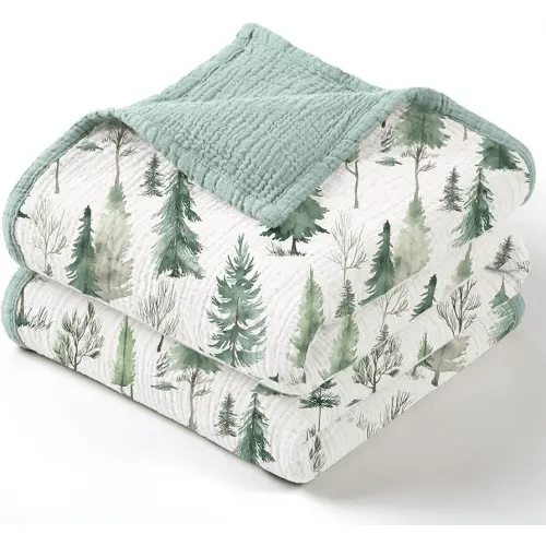 lulumoon Muslin Baby Blanket Neutral: Lightweight Cotton for Toddler - Ideal for Christmas & Registry Gift 47" x47(Pine Forest)
