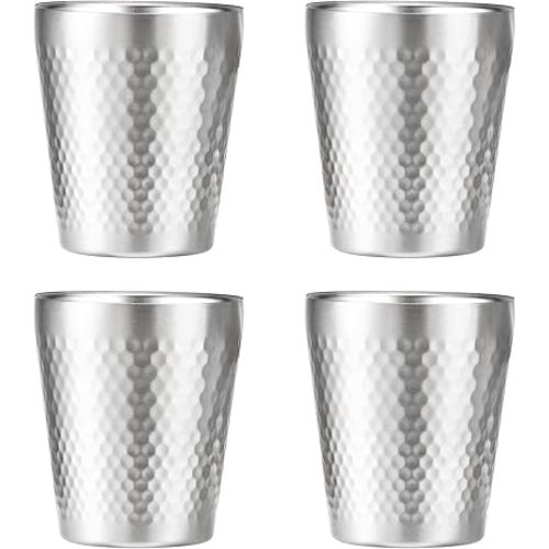 Stainless Steel Cups 4 Packs 10oz/300ml Stackable Double Wall Insulated Metal Shatterproof Cups Titanium-Plated Diamond Textured Surface Heat Resistant Dishwasher Safe (Silver - 4 Packs)
