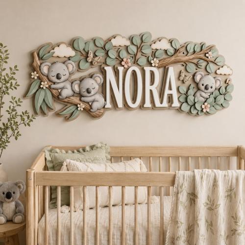 Personalized Koala Nursery Name Sign, Custom Wooden Baby Name Sign, 3D Layered Koala Wall Decor, Baby Shower Gift, Kids Room Decor