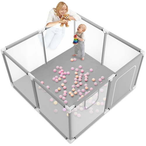 Caveen Baby Playpen, Outdoor Portable Safety Play Yard for Infant Toddler, Grey, 126x126x66cm