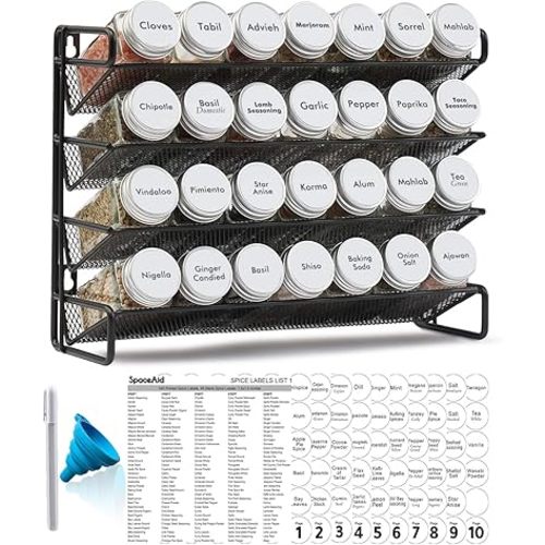SpaceAid Spice Rack Organizer with 28 Spice Jars, 386 Spice Labels, Chalk Marker and Funnel Set for Cabinet, Countertop, Pantry, Cupboard or Door & Wall Mount - 28 Jars, 13.4" W × 10.8" H, White