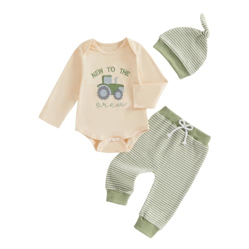 Newborn Baby Boy Romper Pants Hat | Long Sleeve, Stripe Print, Waffle Knit, Tractor Pattern, Farm Theme, 3 Piece Outfit, Fall Winter Clothes
