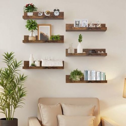 FurnitureR Floating Shelves Set of 6, 15.75 Inch Wide Shelves for Decor Storage, Wall Mounted Wooden Shelves for Living Room, Brown