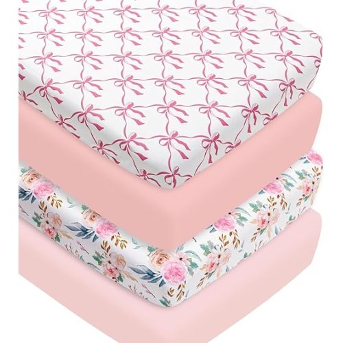 4 Pack Baby Girl Crib Sheets Fitted Pink Crib Sheet Portable Mattress Cover or Toddler Bed Sheets for Girls (Bow)