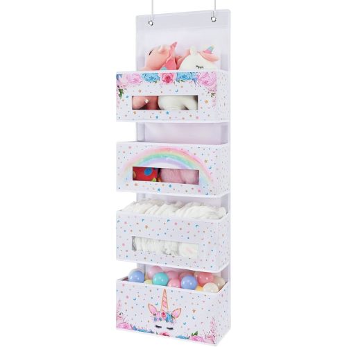 WERNNSAI Unicorn Over Door Hanging Organizer - Behind Door Hanging Storage with 4 Clear Window Pockets for Baby Girls Room Organization Gifts Toy Diaper Pantry Closet Bedroom Bathroom Nursery Decor