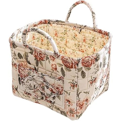 Quilted Fabric Storage Basket with Handles – Boho Foldable Floral Organizer Bin for Home, Picnic, Shopping, Travel 13"x11"x10" (Rustic Rose)