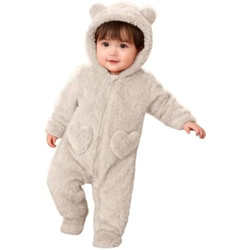 Newborn Baby Bear Ears Hooded Jumpsuit Onesie Fleece Rompers Long Sleeve Outwear Outfits Infant Winter Snowsuit