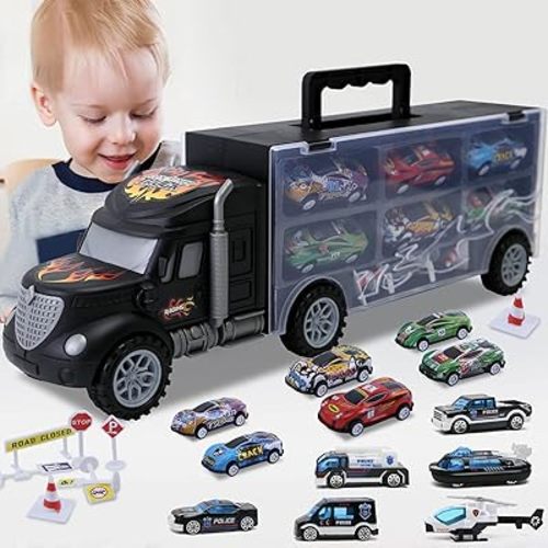 Toddler Toys for 3-4 Year Old Boys,Large Transport Cars Carrier Set Truck Toys with 12 Die cast Vehicles Truck Toys Cars,Ideal Christmas Easter Gifts Toys for Kids Age 3-7