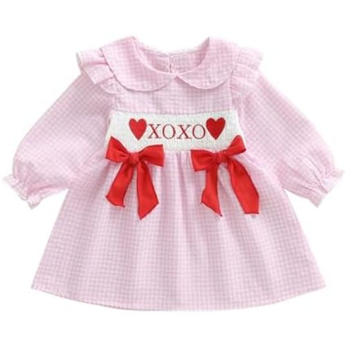 Kids Toddler Baby Girls Valentines Day Dress Smocked Plaid Long Sleeve Doll Collar Dress Princess Spring Dresses