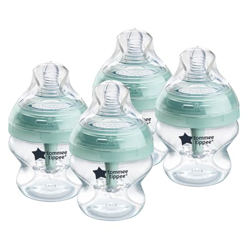Tommee Tippee Advanced Anti-Colic 5 oz BPA Free Baby Bottles, Newborn 0+ Months, Slow Flow Breast-Like Nipple, Unique Design Keeps Air Away from Milk and Baby, Clear, Pack of 4