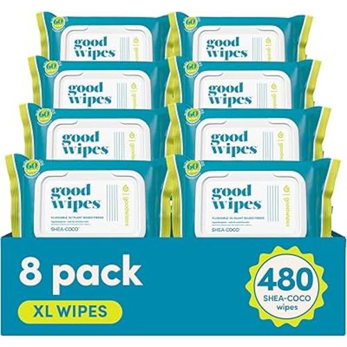 goodwipes Flushable Butt Wipes Made with Vitamin E & Aloe - Soft & Gentle Wet Wipe Dispenser for Home Use, Septic & Sewer Safe - Largest Adult Toilet Towelettes - Shea-Coco, 60 Count (Pack of 8)