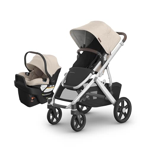 UPPAbaby Vista V3 Stroller + Aria V2 Infant Car Seat Travel System Combo – Toddler Seat, Bumper Bar, Bug and Rain Shields, Car Seat Base, and Infant Insert Included – Declan (Oat Mélange)