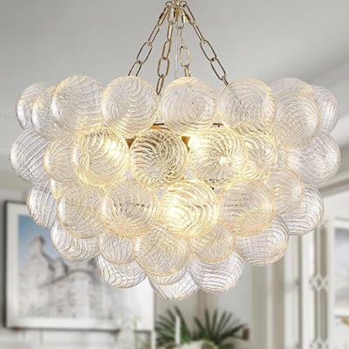 Dia 24" Bubble Chandelier, 5-Light Clear Hand Blown Glass Chandelier Gold Brass Chandeliers for Living Room Globe Ball Modern Chandeliers for Dining Room Foyer Bedroom Entry(G9 LED Bulb Base)