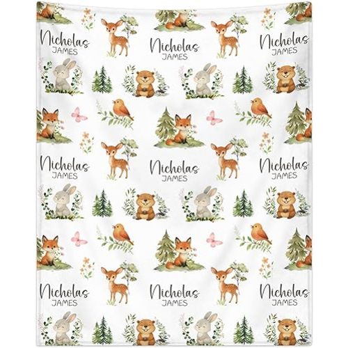 WNNNS Personalized Baby Blanket for Boys Girls Super Soft Cozy Custom Baby Blanket with Name Lovely Woodland Animal Design Bed Throw for Toddler Newborn 30 x 40 Inch Customized Baby Gifts