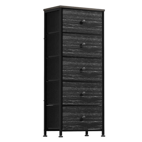 GUNAITO 5 Drawer Dresser for Bedroom Tall Narrow Chest of Drawers Fabric Storage Dresser for Adults,Black wood grain