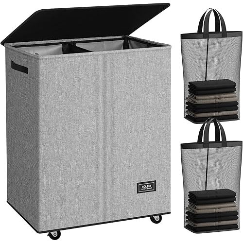 SOLEDI 145L Laundry Basket with Wheels - Double Laundry Hamper with Wheels, Hamper 2 Section for Sorting Laundry, Rolling Laundry Basket - Smooth Wheels and Removable Bag for Easier Transportation