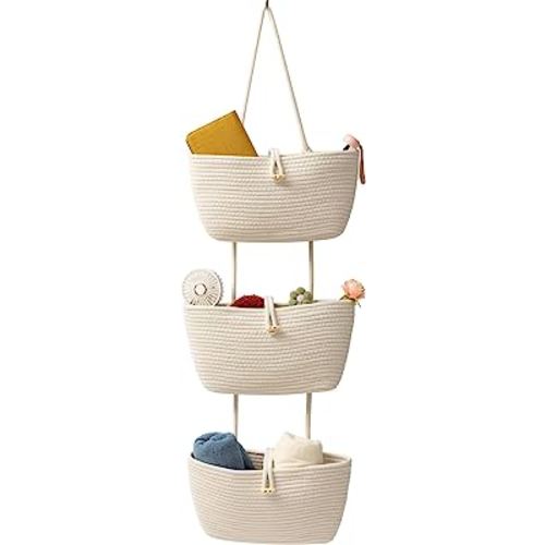 TeoKJ Over the Door Hanging Baskets with Button Strap, 3-Tier Woven Cotton Storage Organizer Bag, Wall-Mounted with Hook Decorative Hanging Kitchen Baskets - White