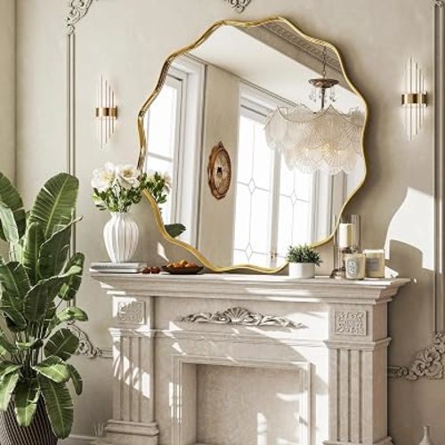 VooBang Gold Scalloped Circle Mirror, 36" Wavy Edge Round Wall Mirror