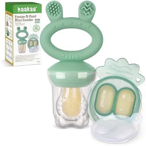 Haakaa Baby Fruit Food Feeder & Mini Freezer Nibble Tray Combo, Breastmilk Popsicle Molds for Cooling Relief, BPA Free Silicone Feeder for Safe Infant Self Feeding, 4 Month+ (Pea Green)