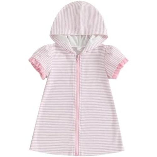 Licupiee Girls Striped Swim Cover Up Beachwear Short Sleeve Zip Up Hooded Terry Swim Coverups One Piece Swimsuits Swimwear