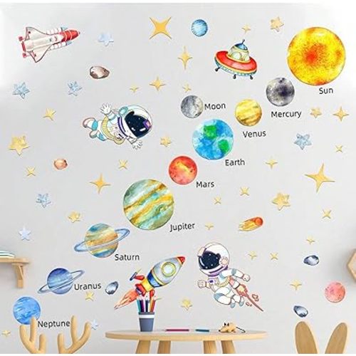 Planet Wall Decals for Kids Room – Solar System Wall Decals Astronaut, Planets, Rocket and Stars Peel and Stick Removable Wall Stickers for Nursery, Bedroom, Classroom