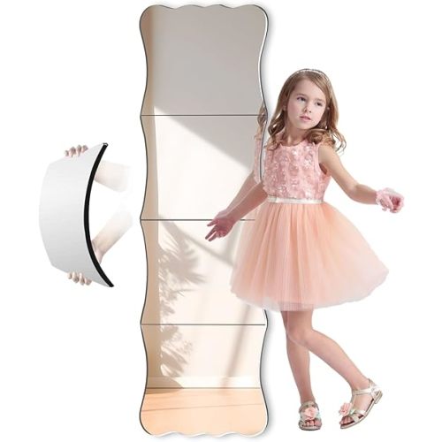 Wavy Full Length Shatterproof Acrylic Wall Mirror Tiles 47" x 14"(4 Pcs 12"x14"), Non-Glass Safety Body Mirror for Baby Kids Playroom, Frameless Dorm Door Gym
