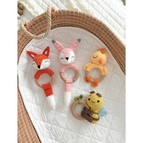 Crochet Animal Rattle, Organic Baby Teether