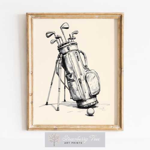 Vintage Golf Bag Pen and Ink Sketch Art - Printable Classic Golf Club Decor, Sporty Clubhouse Wall Art, Monochrome Vintage Download