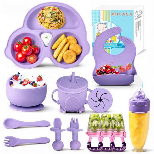 Silicone Baby Feeding Set,Miicasa Baby Led Weaning Supplies Kit With Suction Bowl & Car Plate, Bib, Spoon, Fork, Cup - Food-Grade Silicone, Dishwasher-Safe, No BPAs - For 3+ Months