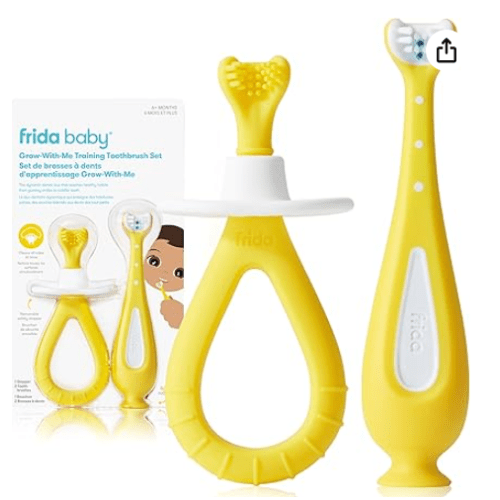 Frida Baby Grow-With-Me Training Toothbrush Set, 2-in-1 Baby & Toddler Toothbrush, Yellow, Manual, Soft Bristles, Silicone Handle, Recyclable, 6-24 Months