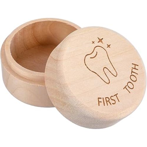 Umbilical Cord Memorial Box Engraved Wooden Round Newborn Wood Case Baby Keepsake Tooth Box Fetal Hair Memorial Storage Container Carved Baby Fetal Hair Case (Baby tooth box)