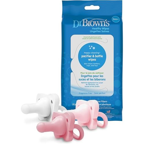Dr. Brown's HappyPaci 100% Silicone Pacifier 0-6m, BPA Free, White, Pink, Light Pink, 3 Pack and Pacifier and Bottle Wipes, 40 Count