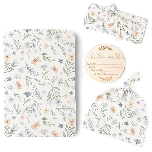 Konssy Baby Girl Newborn Receiving Blanket with Matching Headband and Beanie Set Baby Swaddle Nursery Swaddle Wrap