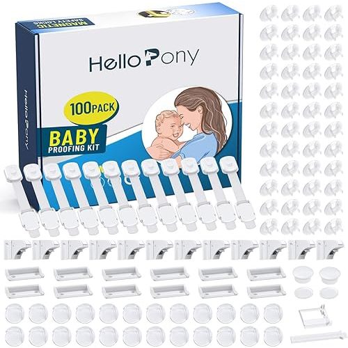 HelloPony Baby Proofing Kit-12Locks+2Keys Magnetic Cabinet Locks-12 Pack Adjustable Strip Cabinet Locks for Babies-24Pack Clear Corner Protectors for Baby-48Pack Clear Outlet Covers