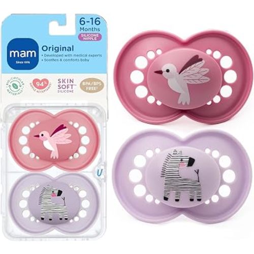 MAM Original Baby Pacifier 6-16 Mths, Skin Soft Silicone Nipple, 2 Pack