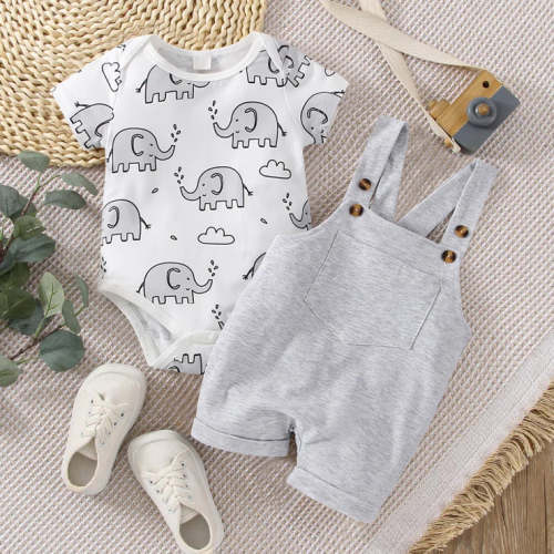 2PCS Lovely Elephant Printed Short Sleeve Baby Set