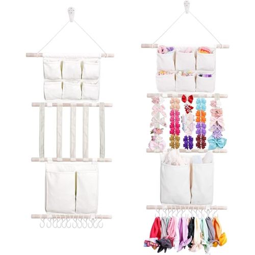 cherrboll Hair Bows Holder Headband Organizer for Girls, Hair Clips Hanger Storage with Hooks, Wall Hanging Decor for Nursery Room